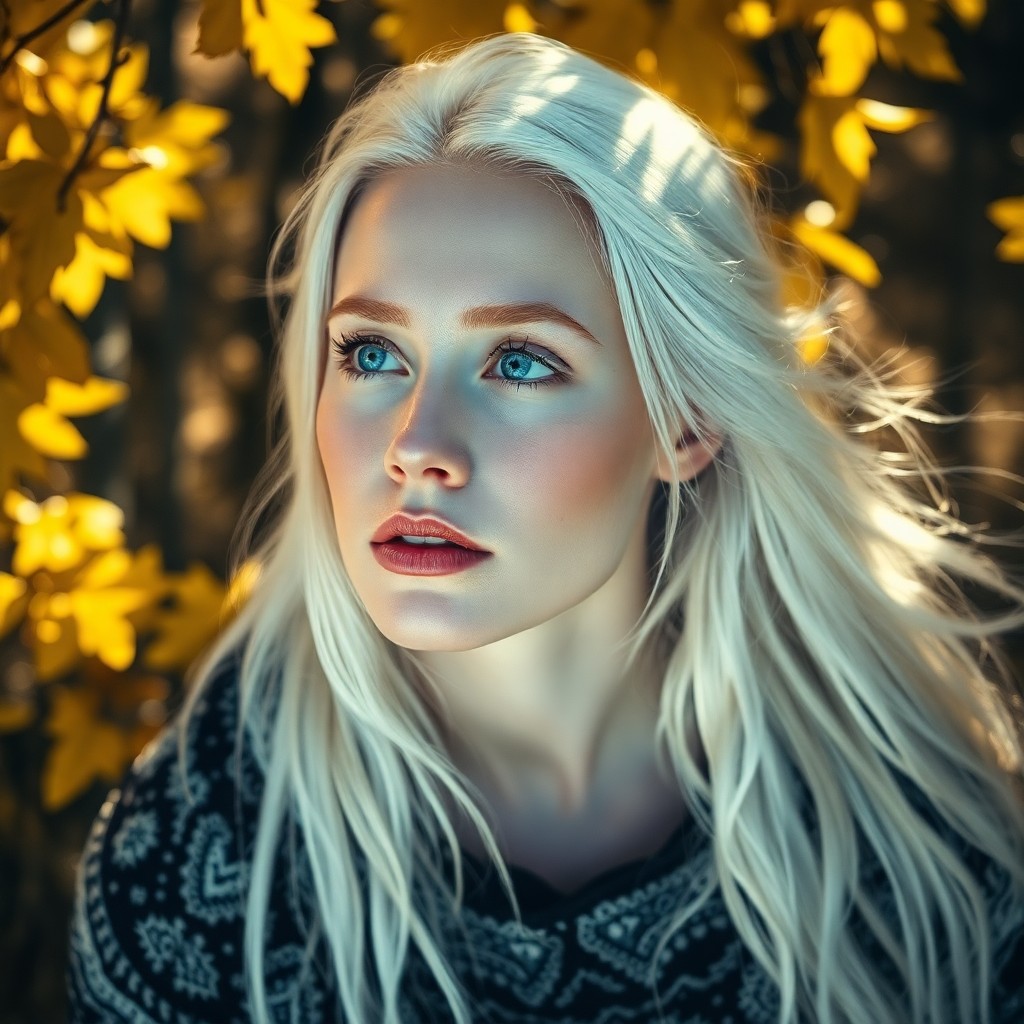 AI generated art for prompt: A photorealistic portrait photograph showcases a Nordic woman with captivating ice-blue eyes and flo