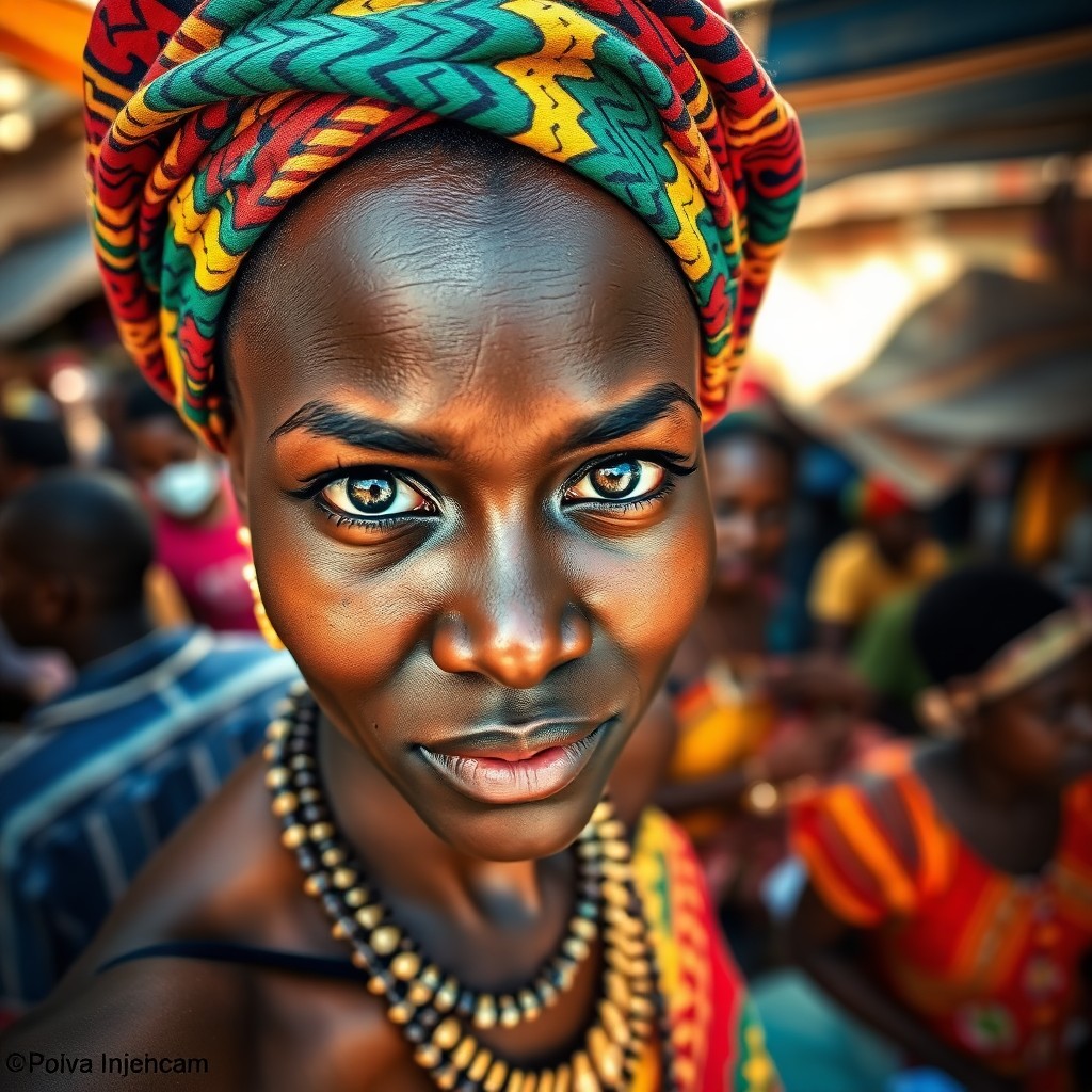 AI generated art for prompt: Craft an iPhone portrait of a mysterious African woman with striking hazel eyes, adorned in a colorf