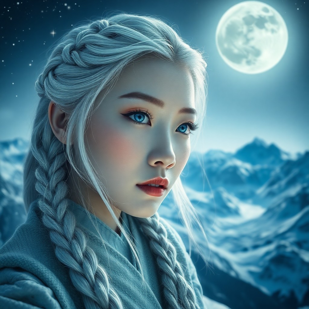 AI generated art for prompt: Imagine a photorealistic portrait of an East Asian woman with captivating ice-blue eyes and pale ski