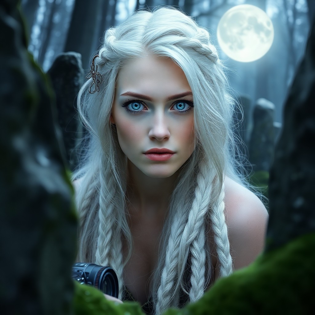 AI generated art for prompt: Imagine a serene portrait of a Nordic woman with piercing ice-blue eyes captured by a digital camera