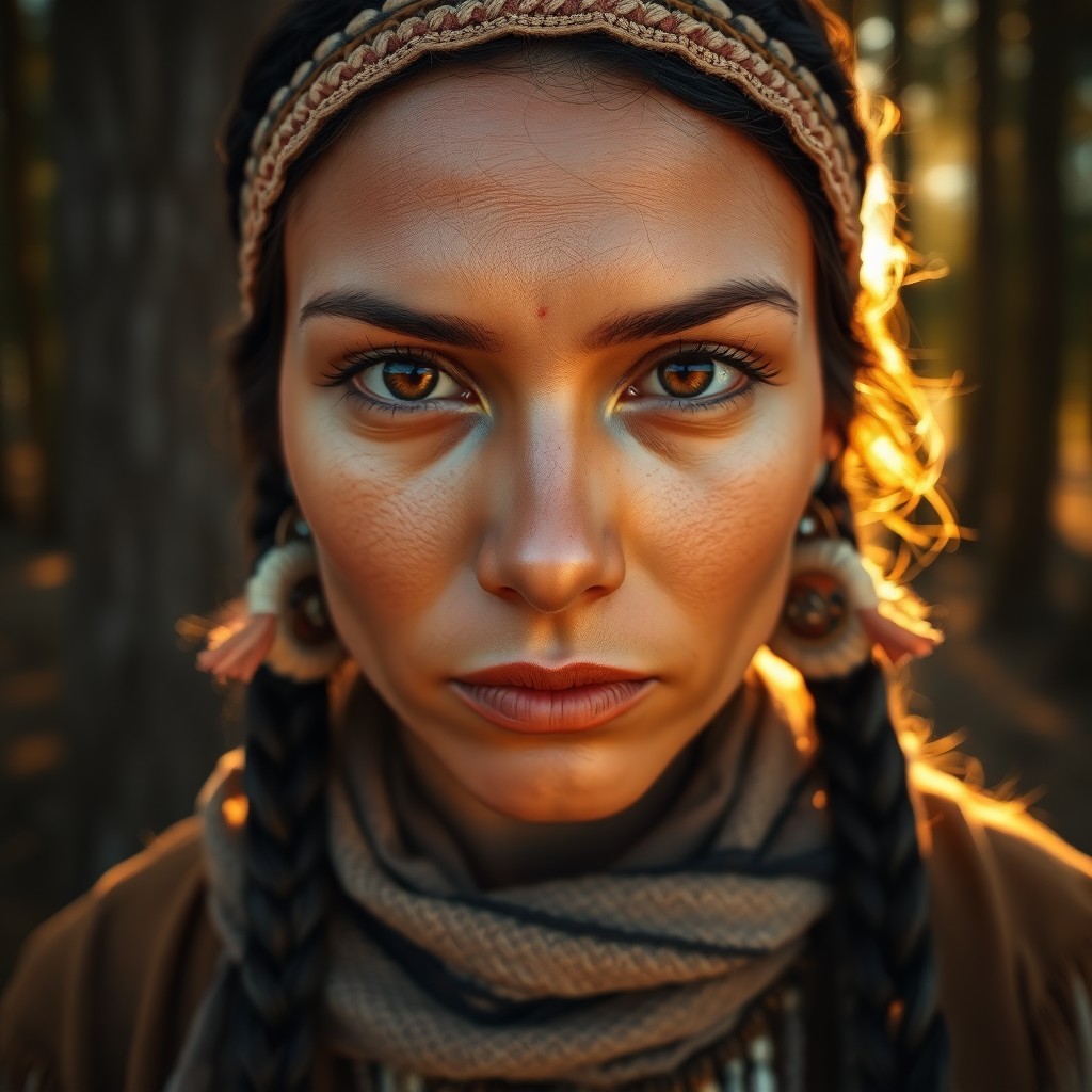 AI generated art for prompt: Imagine a serene portrait photograph of a Native American woman with piercing amber eyes, her expres