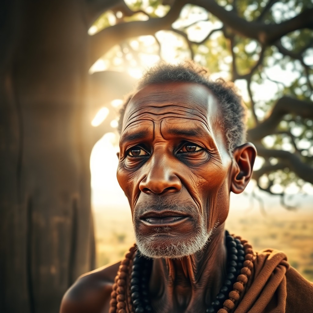 AI generated art for prompt: Craft a photorealistic portrait showcasing an African elder with warm honey-toned skin and eyes full