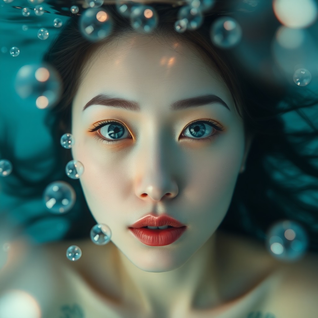 AI generated art for prompt: Picture an ethereal portrait of an East Asian woman with striking icy blue eyes and flawless porcela