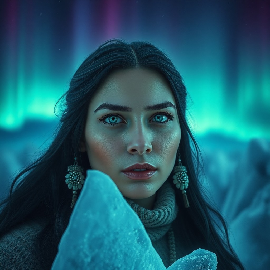 AI generated art for prompt: Craft a photorealistic portrait photograph capturing the enigmatic allure of a Native American woman