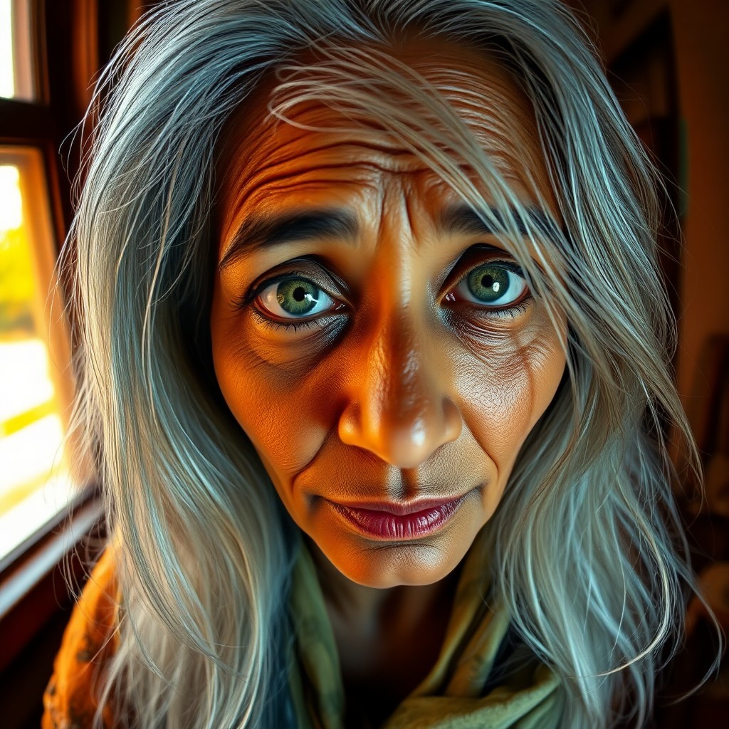 AI generated art for prompt: Imagine a hyperrealistic portrait of a South Asian woman with piercing green eyes and cascading silv