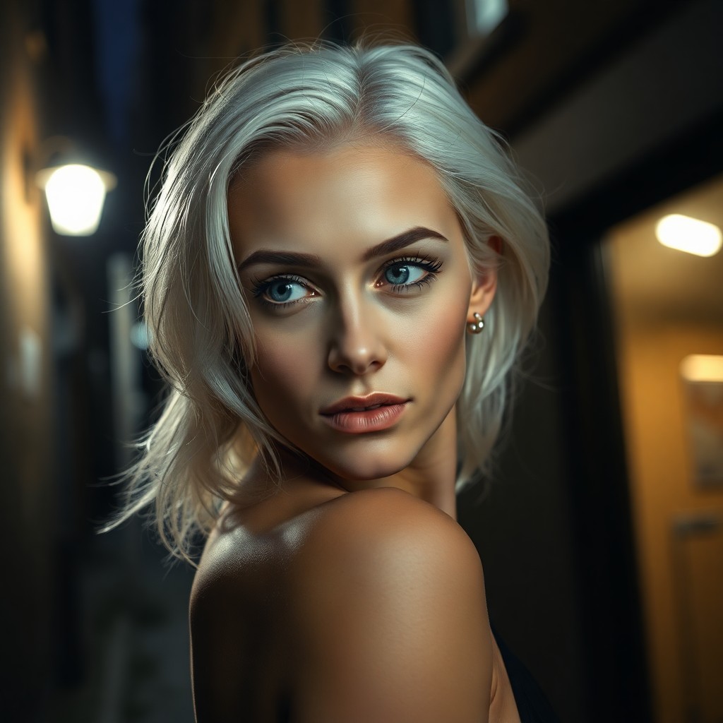 AI generated art for prompt: A hyperrealistic portrait depicts a European woman with piercing ice-blue eyes and a subtle smirk, h