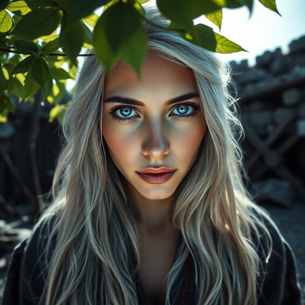 AI generated art for prompt: A digital portrait of a Middle Eastern woman with striking blue eyes and subtle Slavic features capt