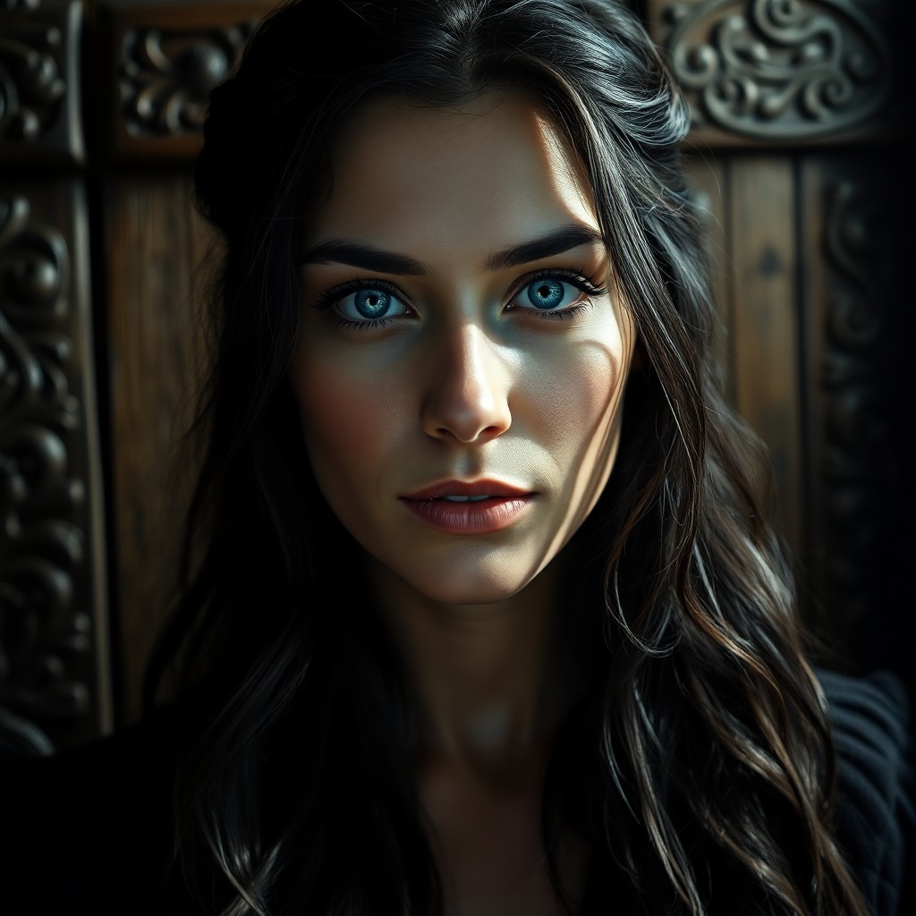 AI generated art for prompt: Photorealistic portrait of a captivating European woman with piercing blue eyes and raven hair casca