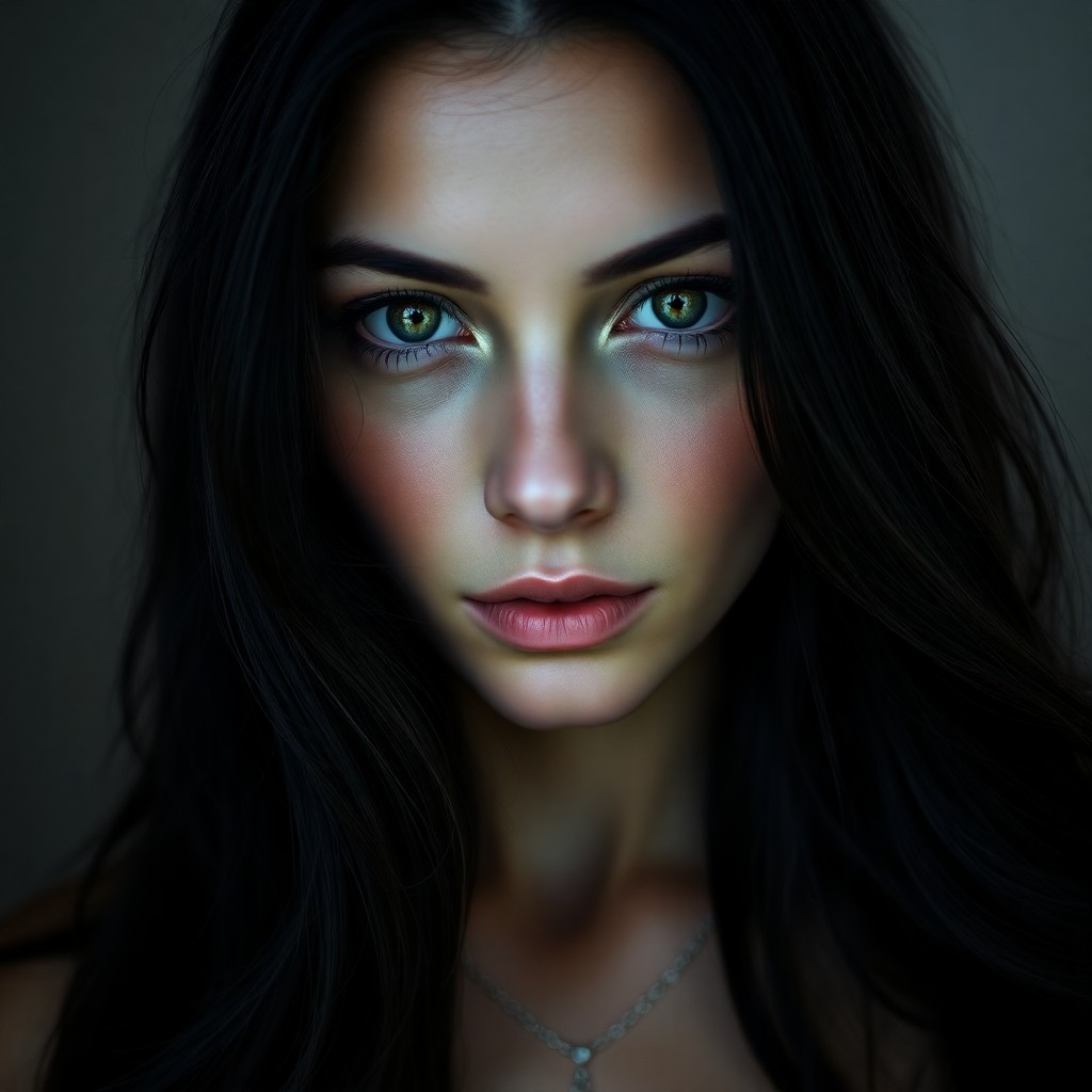 AI generated art for prompt: A photorealistic portrait photograph reveals an enigmatic Eastern European woman with elegant Hispan