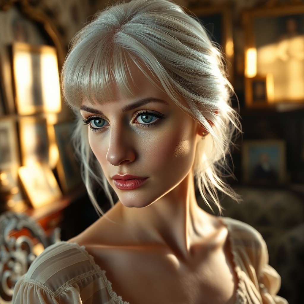 AI generated art for prompt: A photorealistic portrait photograph depicts a Slavic woman with captivating green eyes and silvery 