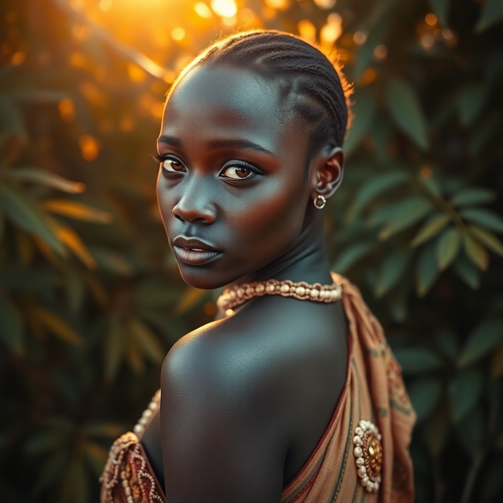 AI generated art for prompt: Envision a captivating portrait of an African woman with smooth dark skin and mesmerizing honey-brow