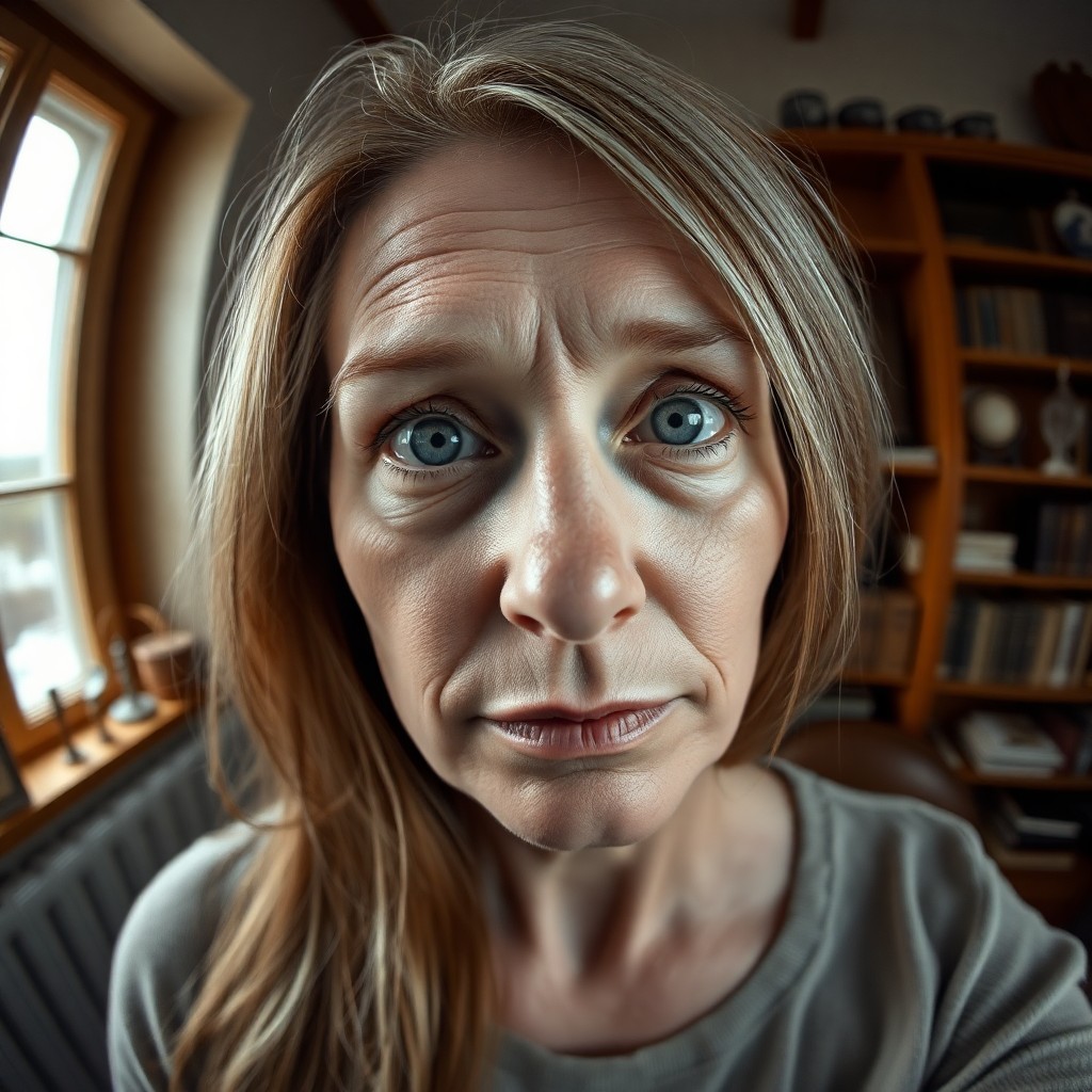 AI generated art for prompt: A dramatic fisheye portrait of a 40-year-old Nordic woman with piercing blue eyes and long, silver-s