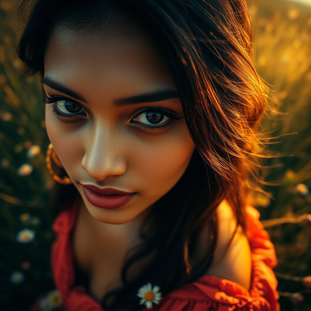 AI generated art for prompt: Envision a portrait photograph exuding enigma and grace, featuring a South Asian woman with mesmeriz