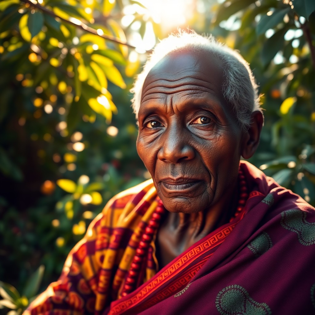 AI generated art for prompt: Imagine a portrait photograph of an esteemed African elder with profound, knowing eyes and smooth sk