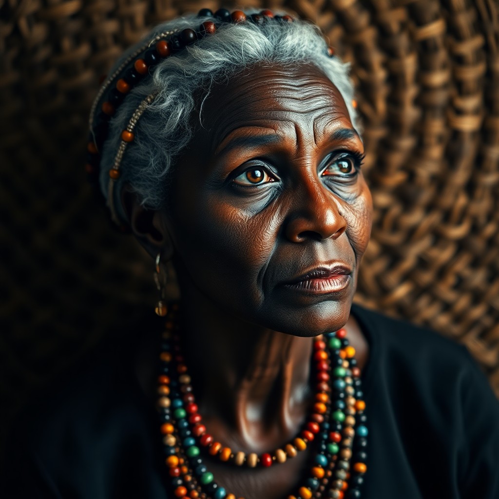 AI generated art for prompt: Create a smartphone portrait of an African woman with amber eyes and silver hair adorned by colorful