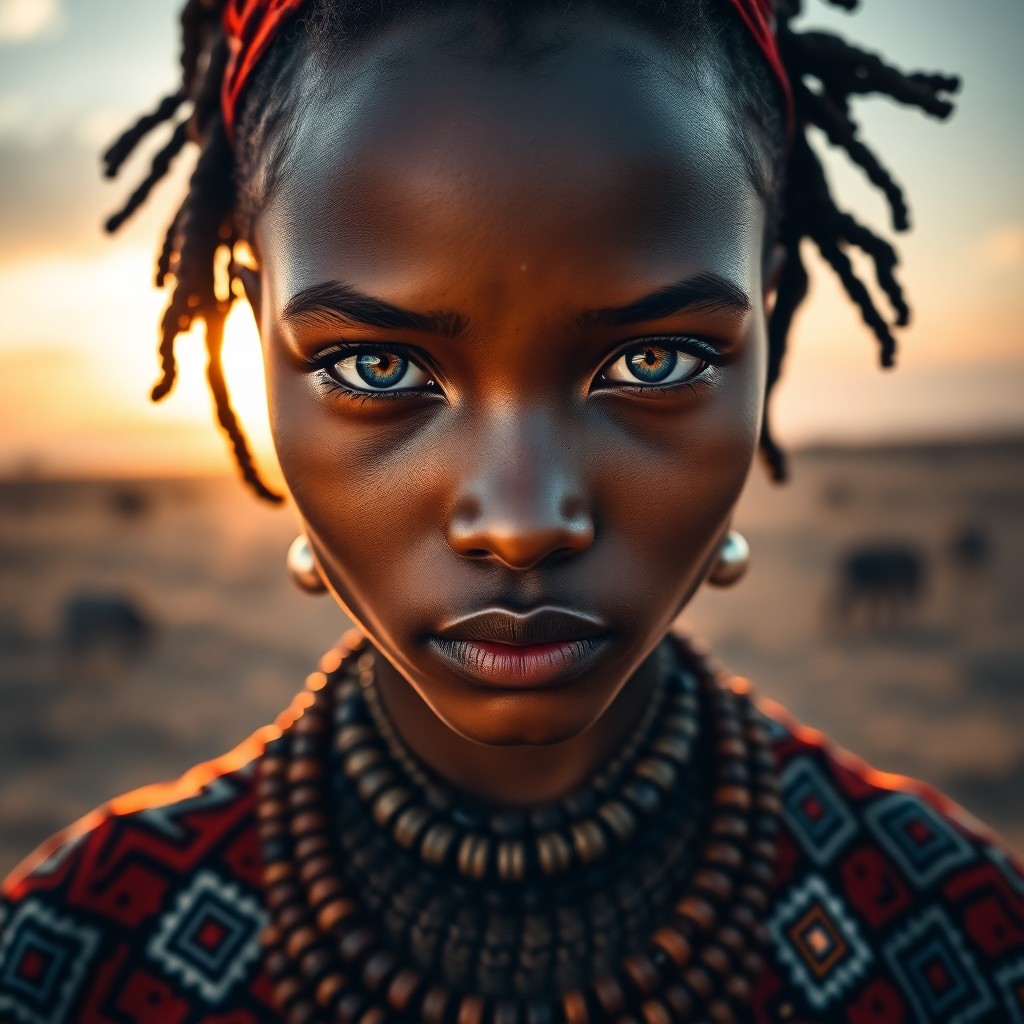 AI generated art for prompt: A photorealistic portrait of a young African woman with warm honey-toned skin and captivating green 