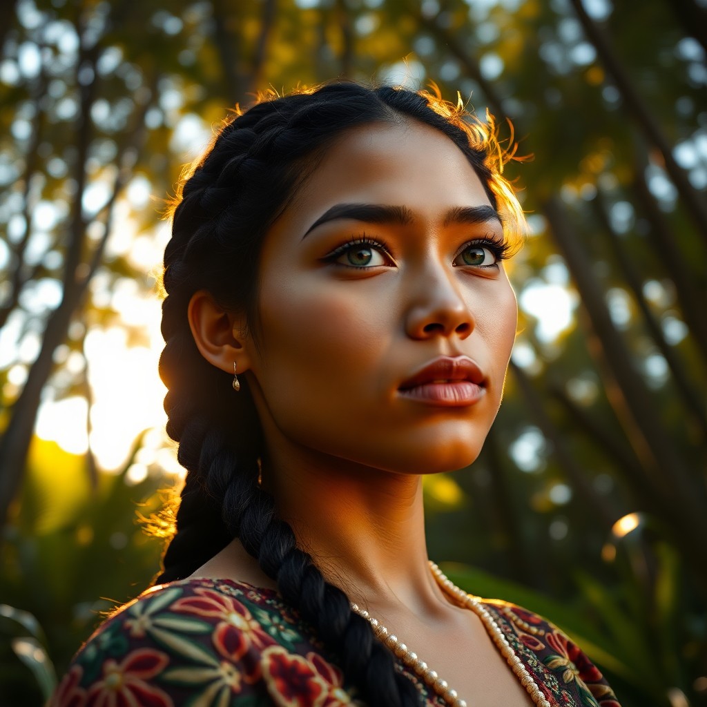 AI generated art for prompt: A photorealistic portrait of a Pacific Islander woman captured during golden hour with an iPhone, sh