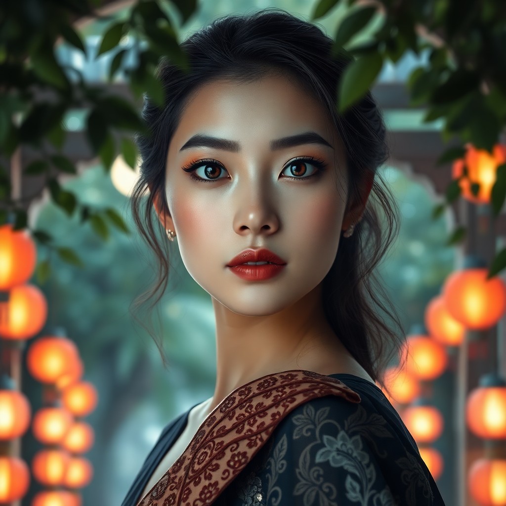 AI generated art for prompt: A portrait photograph portrays an enigmatic East Asian woman with piercing sapphire eyes and delicat