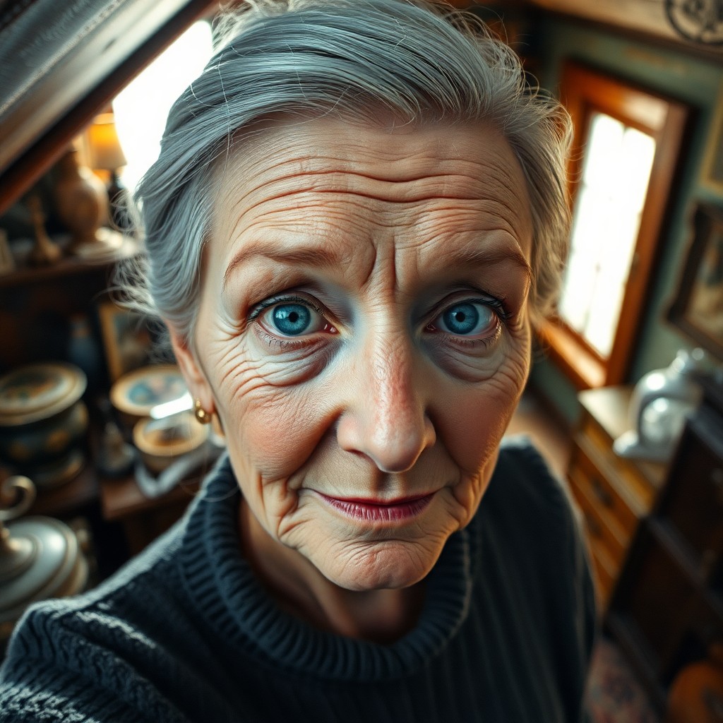 AI generated art for prompt: Envision a close-up portrait of an elderly Nordic woman with piercing blue eyes and silver-white hai