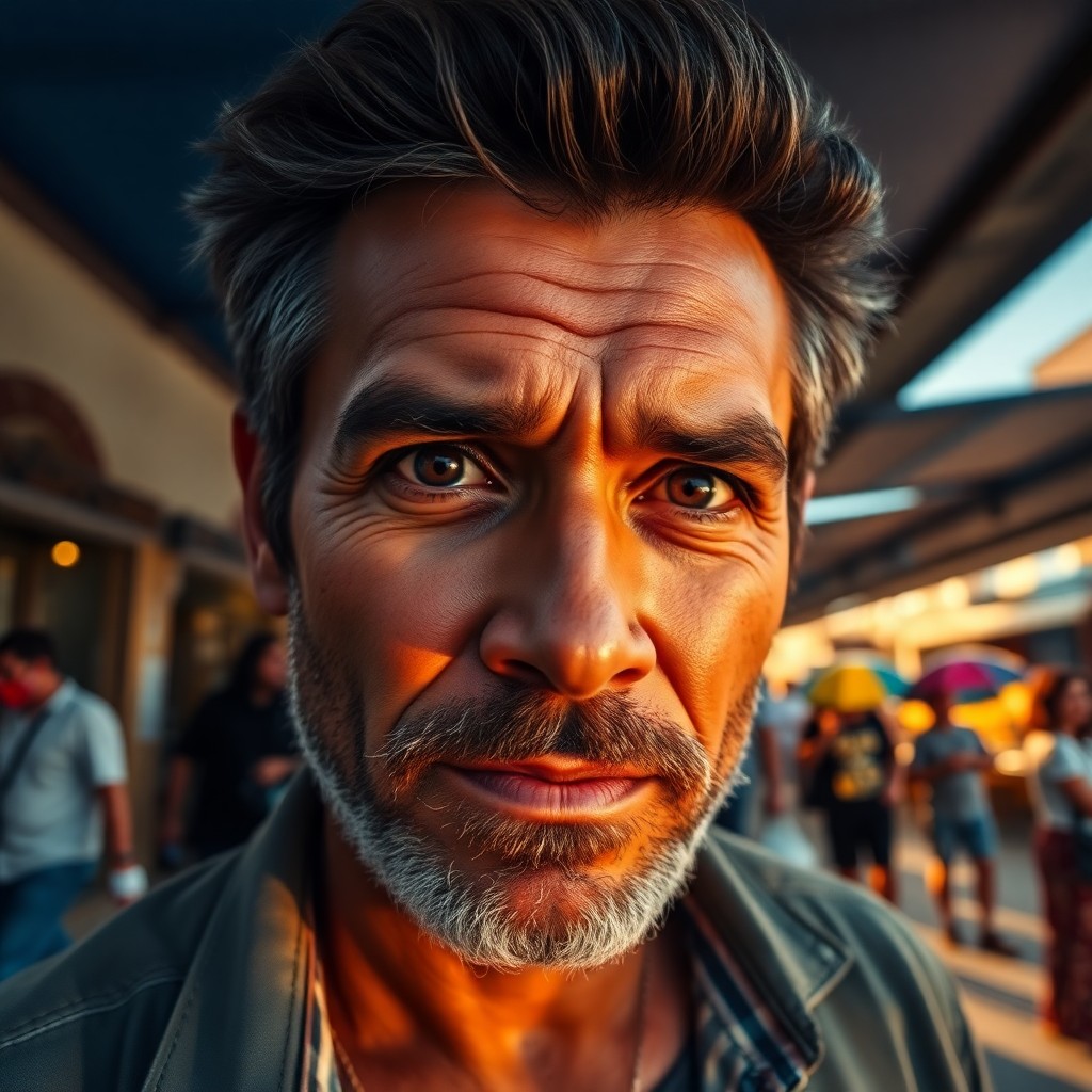 AI generated art for prompt: A digital camera captures a charismatic South American man in his early 40s with warm caramel skin a