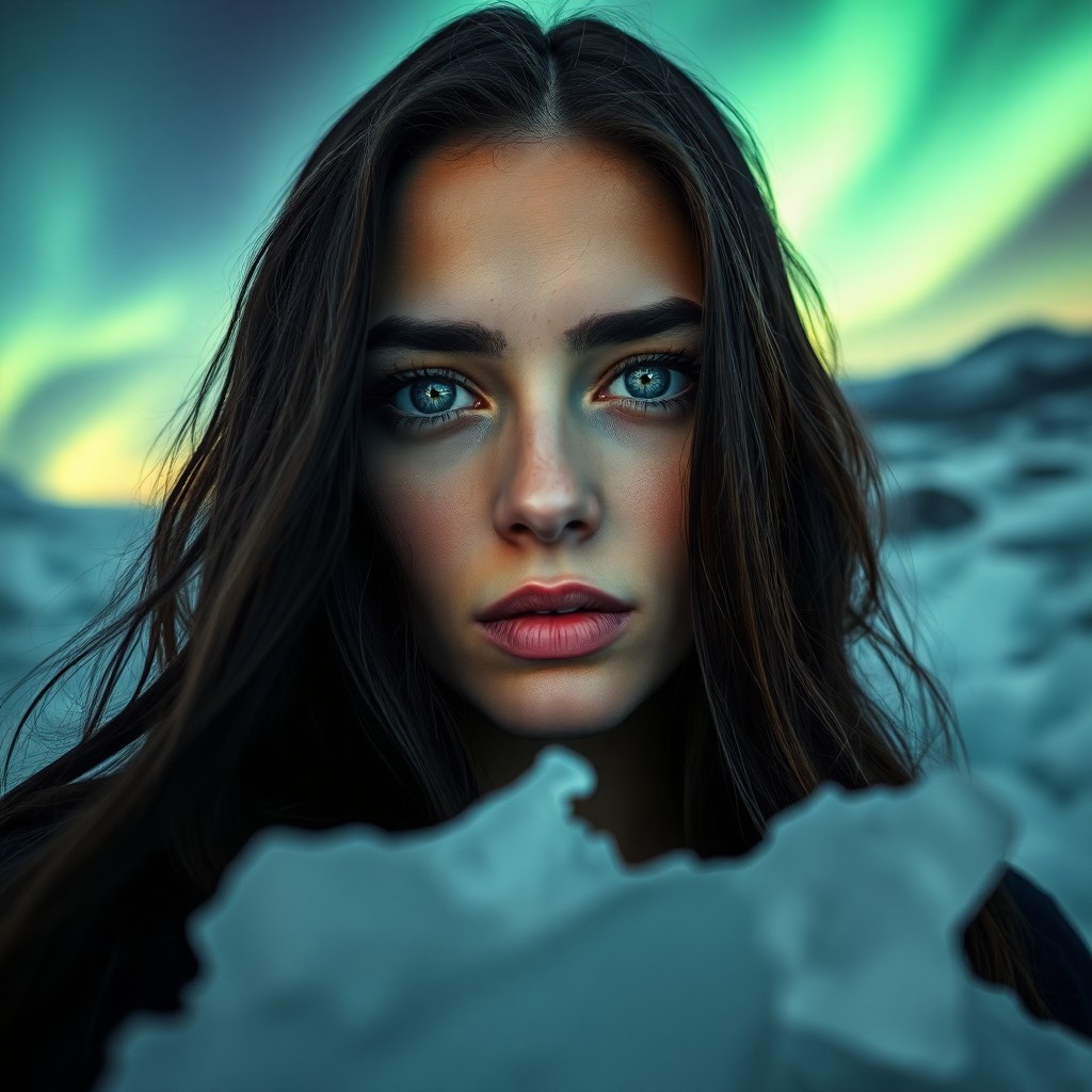 AI generated art for prompt: Conceive a portrait photograph capturing the enigmatic gaze of a Slavic woman with piercing ice-blue