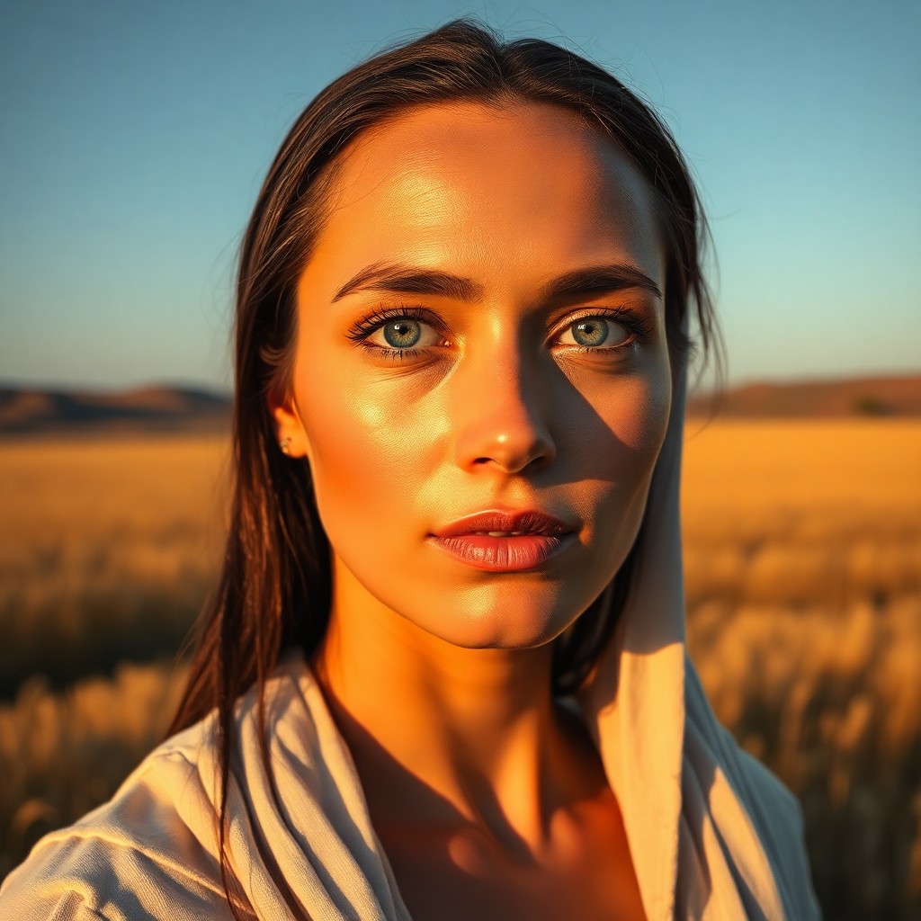 AI generated art for prompt: A serene Middle Eastern woman with crystalline blue eyes and delicate features stands bathed in the 