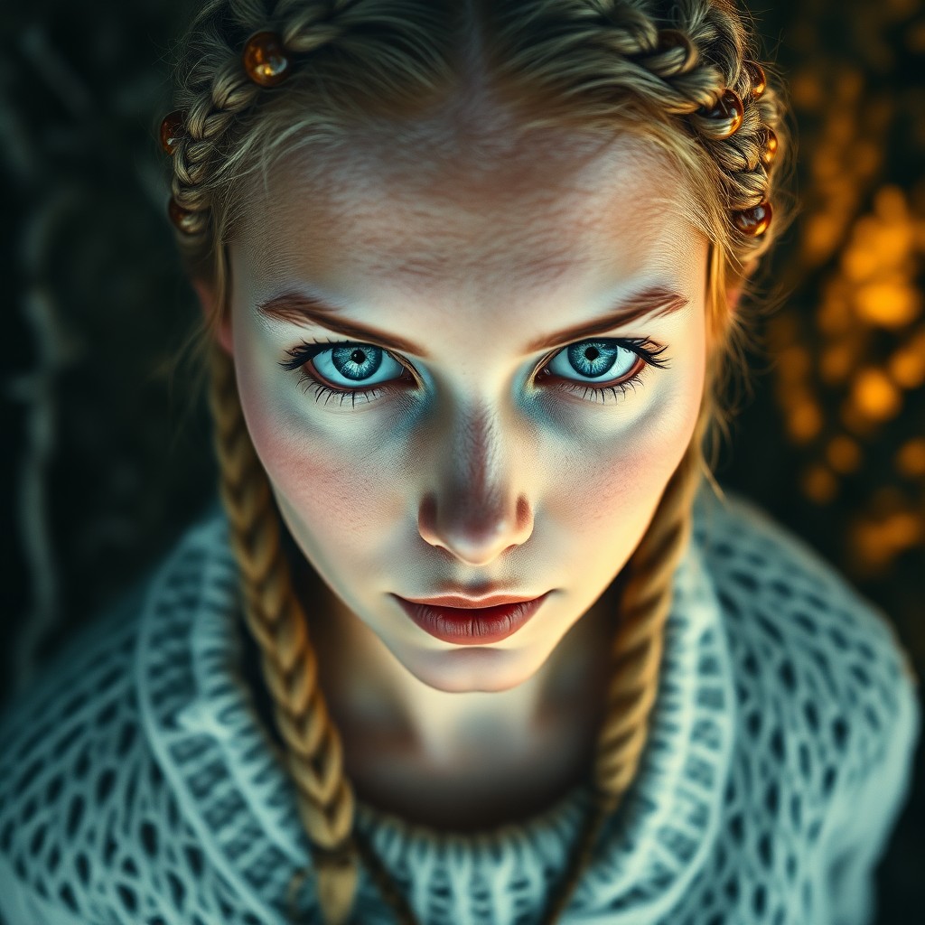 AI generated art for prompt: Imagine a photorealistic portrait of an enigmatic Nordic woman with piercing blue eyes, her fair ski