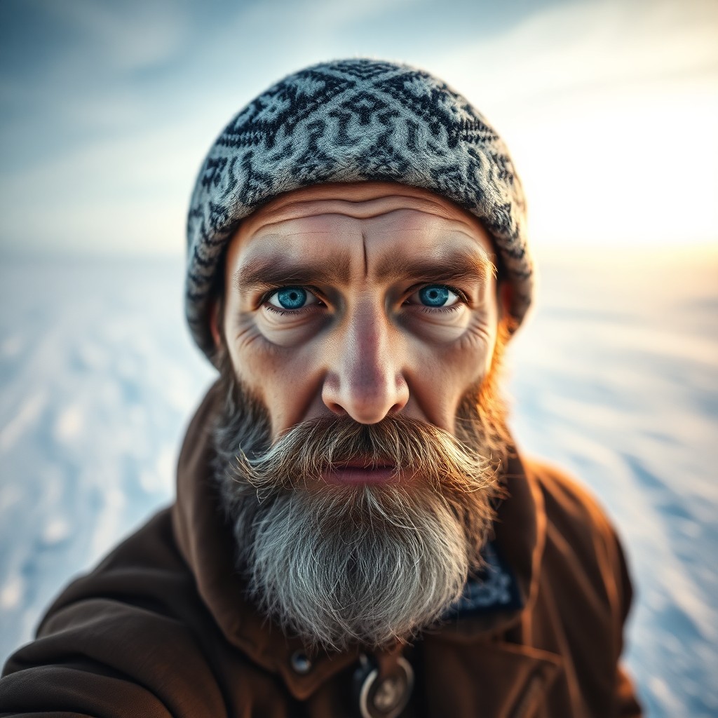 AI generated art for prompt: An iPhone portrait showcases a stoic Slavic man with piercing blue eyes, a thick beard framing his w