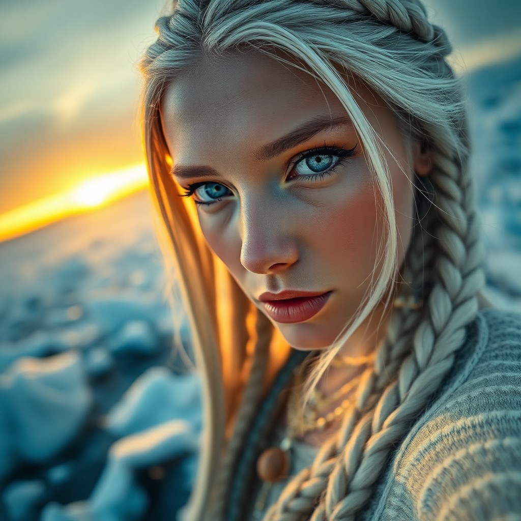 AI generated art for prompt: An enigmatic Native American woman with piercing ice-blue eyes and long platinum hair styled in intr