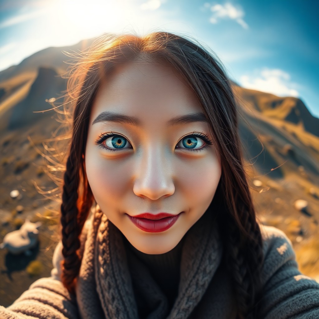 AI generated art for prompt: Craft a photorealistic portrait using an iPhone of an East Asian woman with captivating azure eyes a