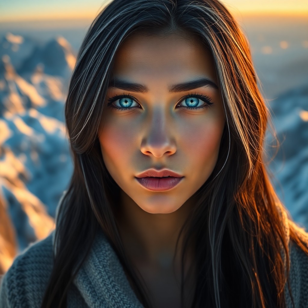 AI generated art for prompt: A photorealistic portrait photograph of a Hispanic woman with striking ice-blue eyes and silver stre