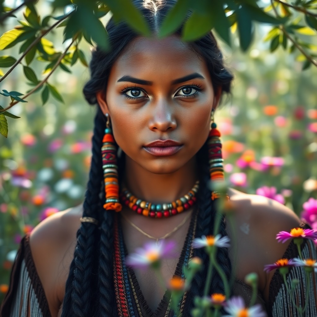 AI generated art for prompt: Envision a portrait captured on an iPhone of a Native American woman with deep brown eyes and long b