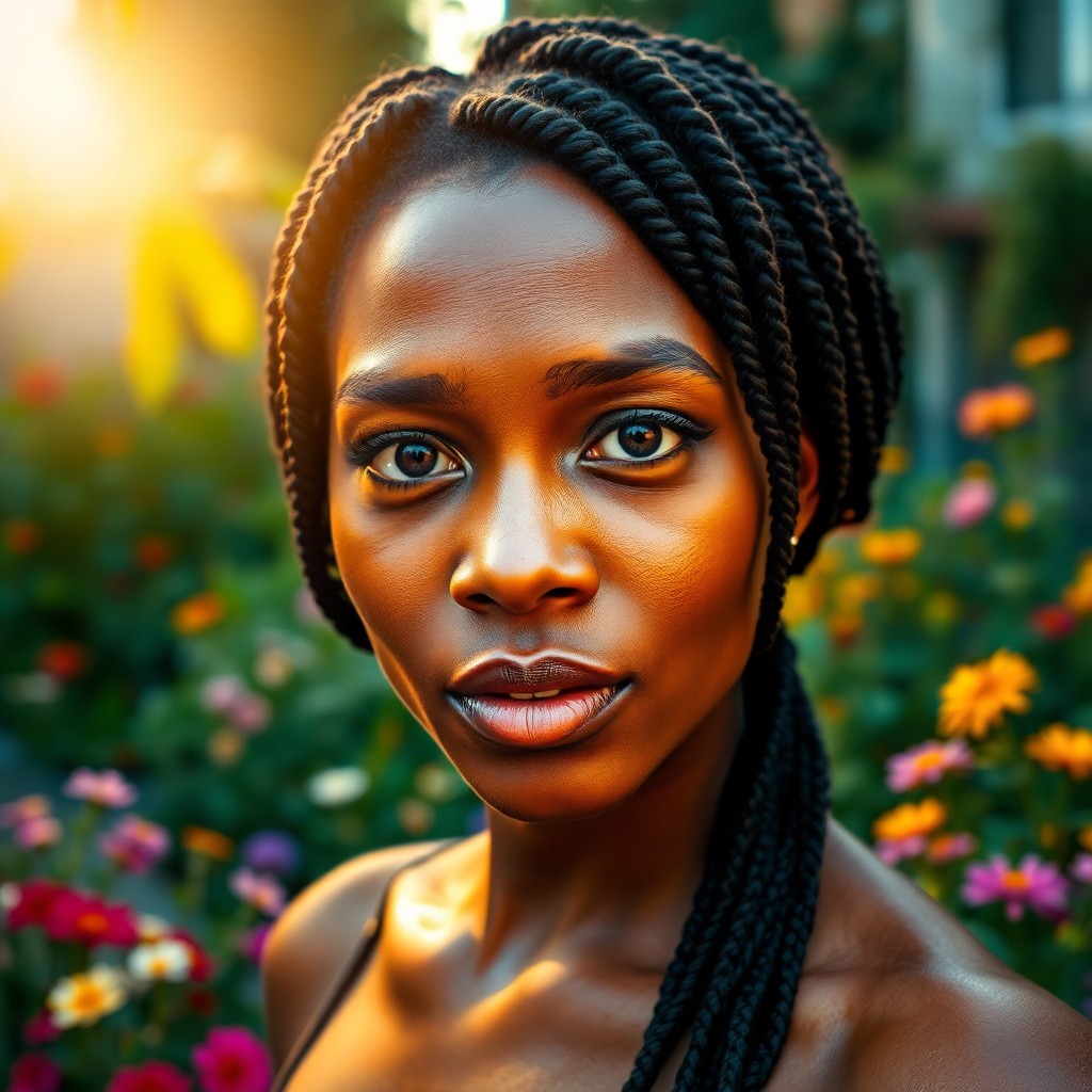 AI generated art for prompt: Imagine a portrait photograph of an African-American woman with intricate braids and warm brown eyes