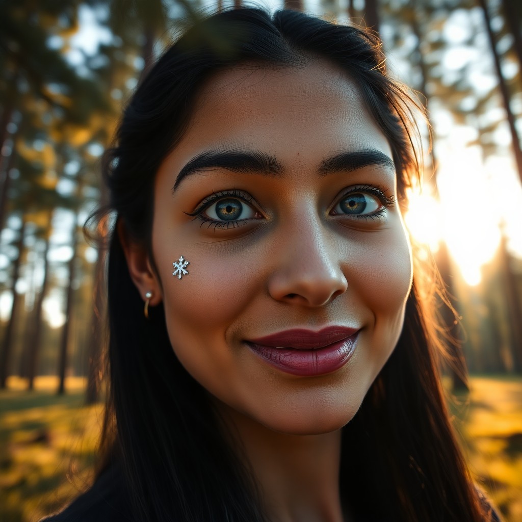 AI generated art for prompt: Create a hyperrealistic portrait of a South Asian woman with striking blue eyes and porcelain skin, 