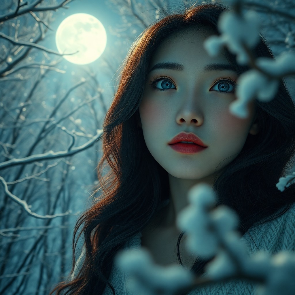 AI generated art for prompt: A photorealistic portrait captures an East Asian woman's essence with piercing ice-blue eyes and rav