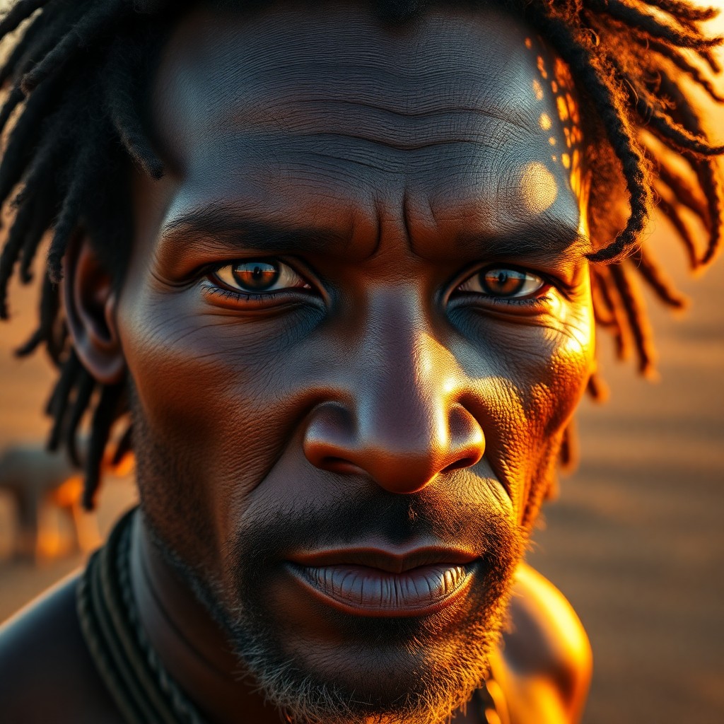 AI generated art for prompt: Create a photorealistic portrait of an African man in his prime, showcasing rugged features and sun-