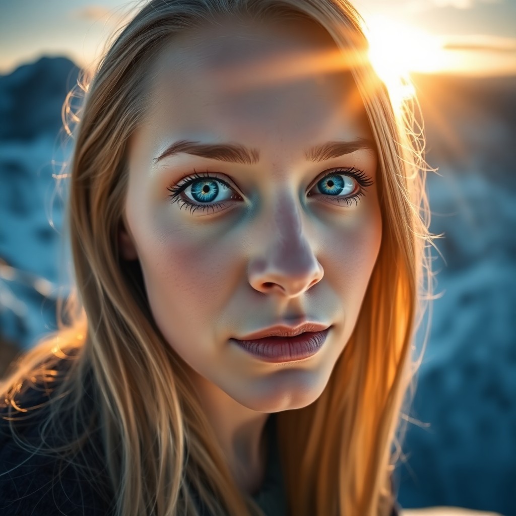 AI generated art for prompt: Imagine a portrait of a Nordic woman, her late thirties illuminated by striking azure eyes and defin