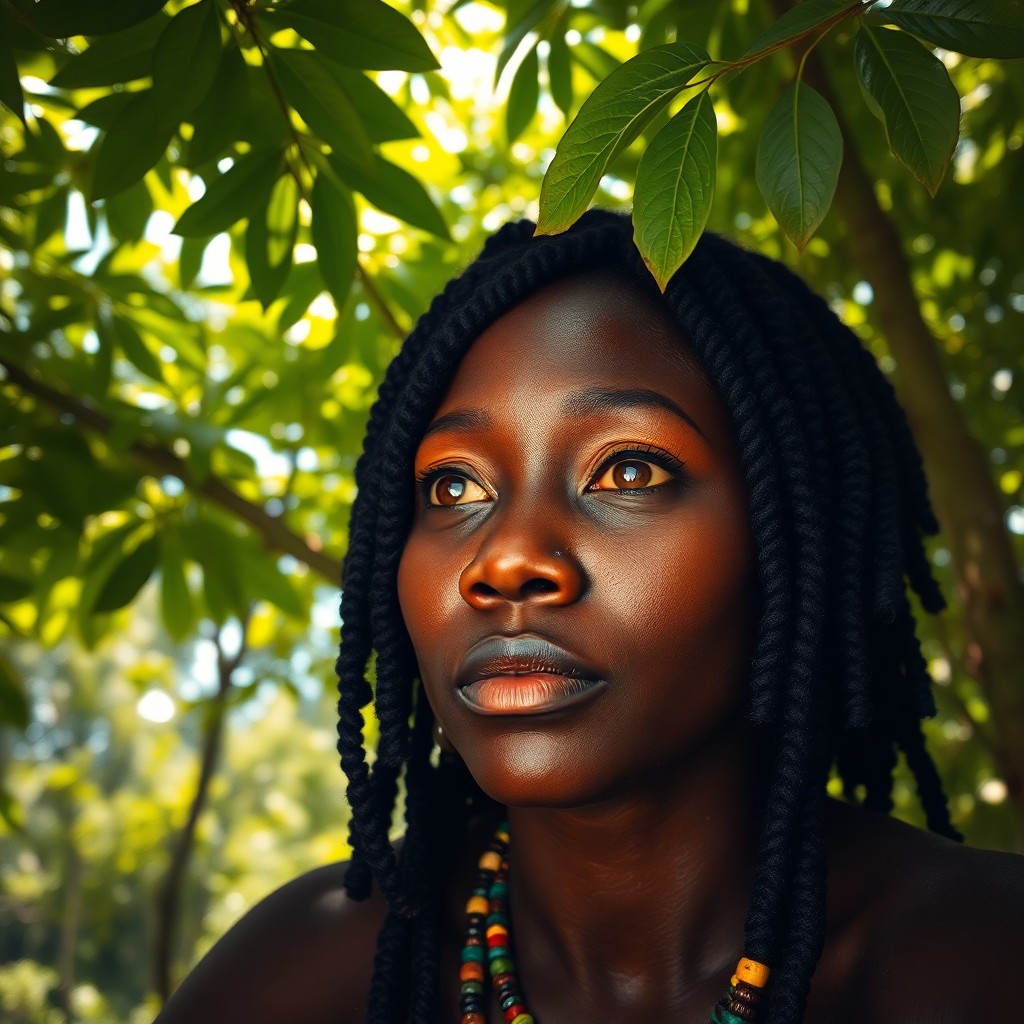 AI generated art for prompt: A captivating portrait photograph, showcasing an African woman's perplexing gaze with striking golde