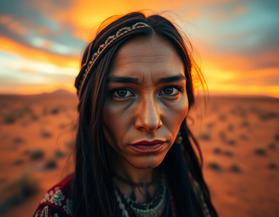 AI generated art for prompt: A portrait photograph captures the enigmatic gaze of a Native American woman. Her deep brown eyes, f