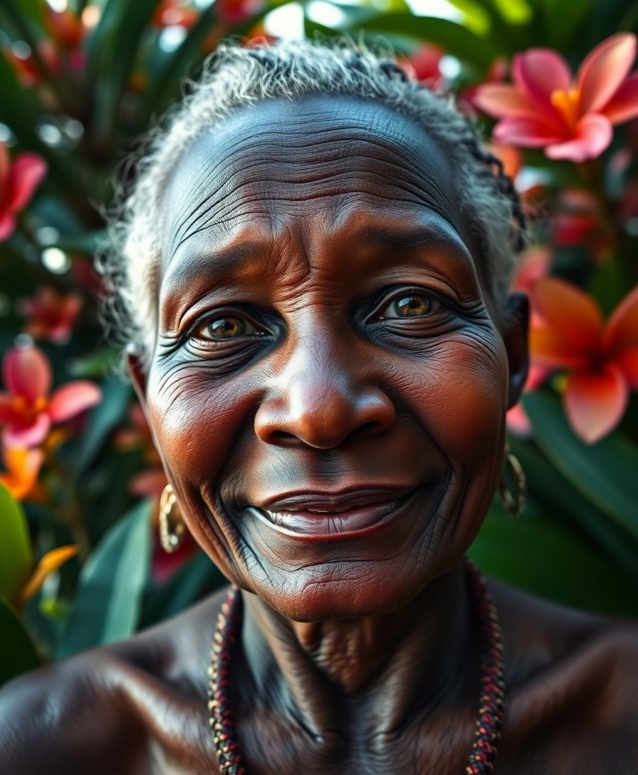 AI generated art for prompt: A portrait of an elderly African woman, her warm and wise brown eyes sparkling with a serene smile. 