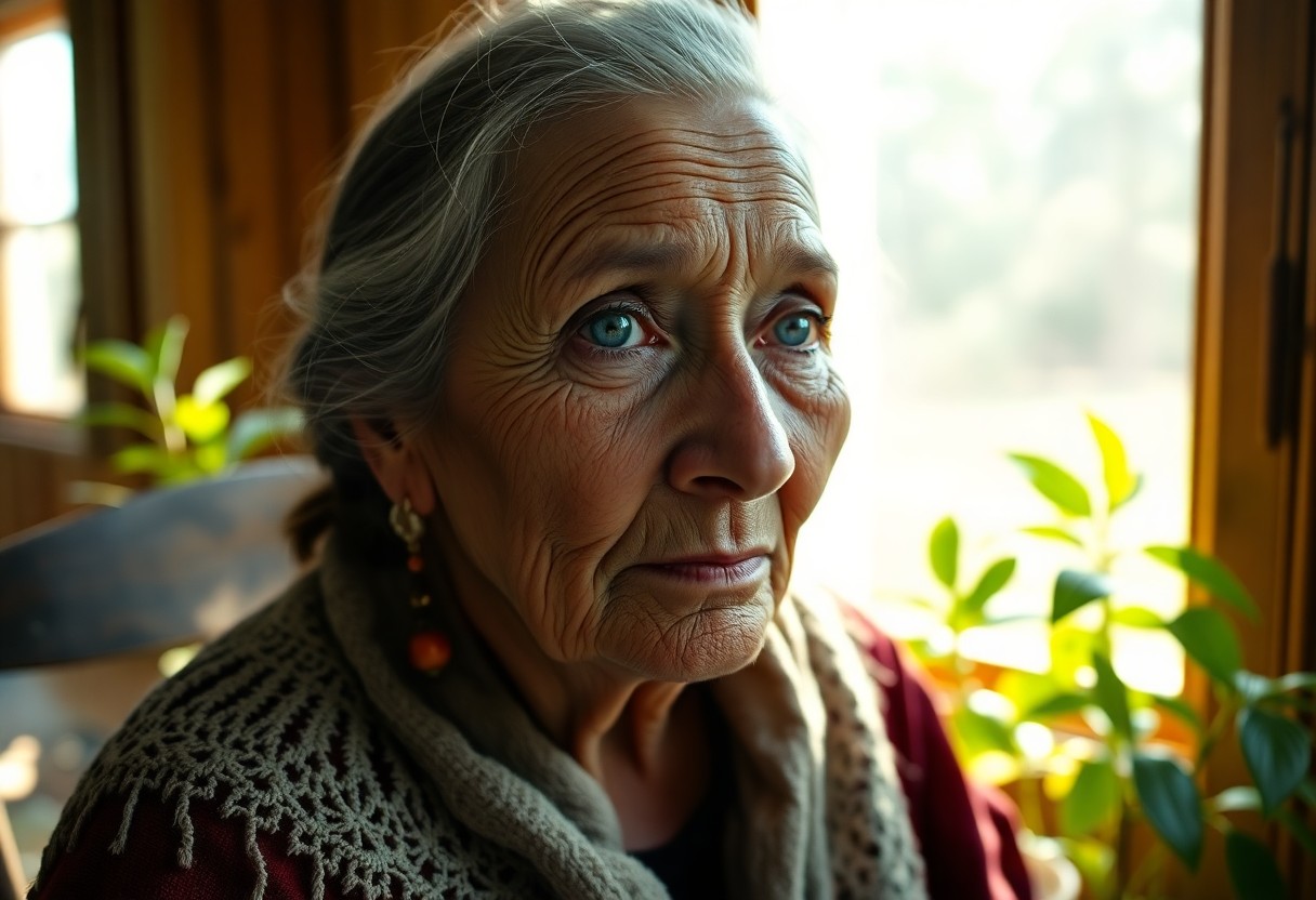 AI generated art for prompt: A photorealistic portrait of an elderly Native American woman, captured with an iPhone, reveals her 