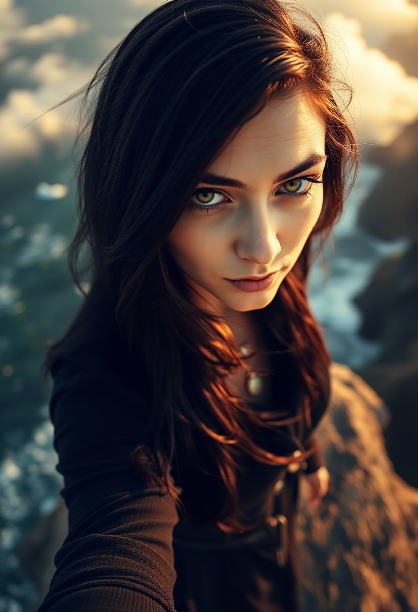 AI generated art for prompt: A portrait photograph captures the striking green eyes and lustrous raven-black hair of a Nordic wom