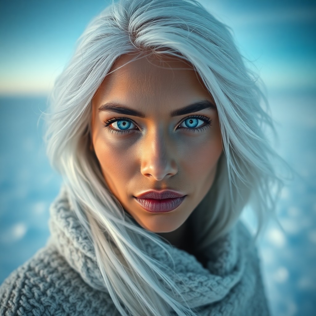 AI generated art for prompt: Create a portrait photograph of an enigmatic South Asian woman with piercing blue eyes and flowing p