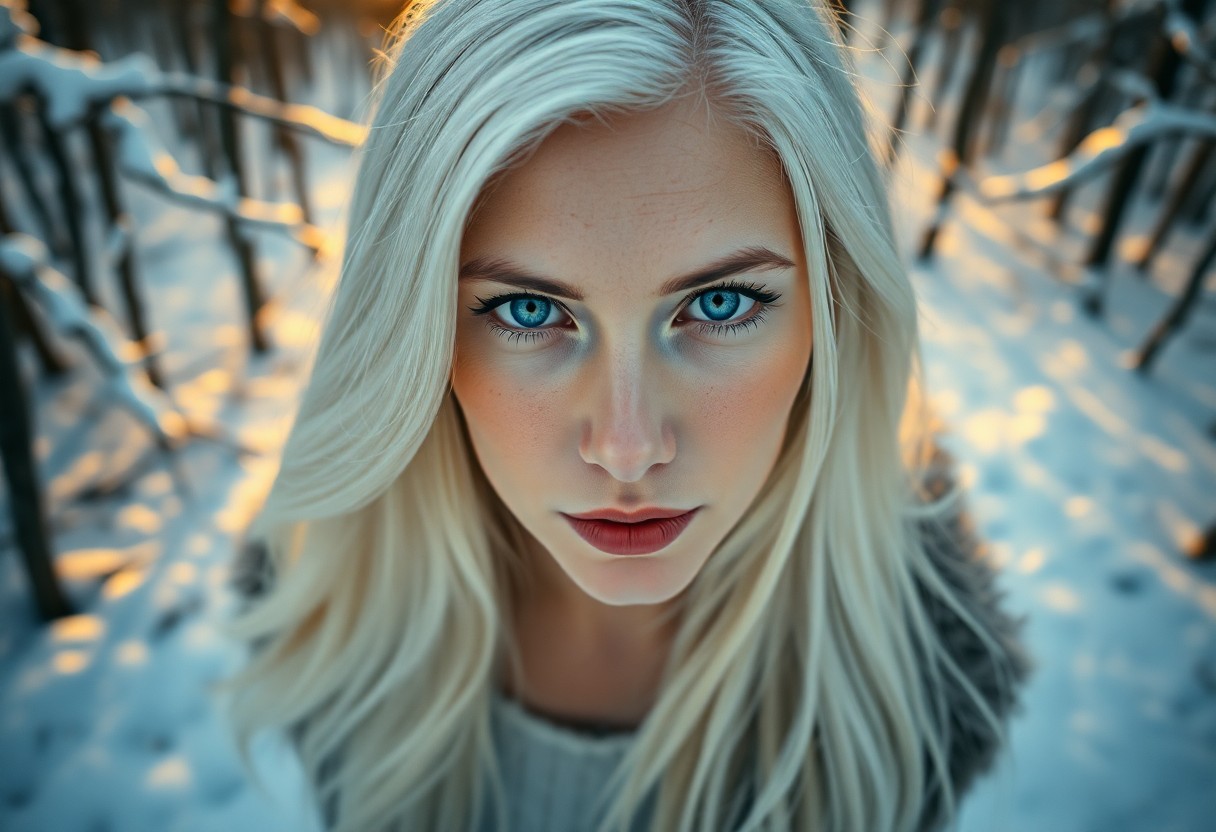 AI generated art for prompt: A portrait photograph captures the enigmatic gaze of a European woman with piercing blue eyes and lo