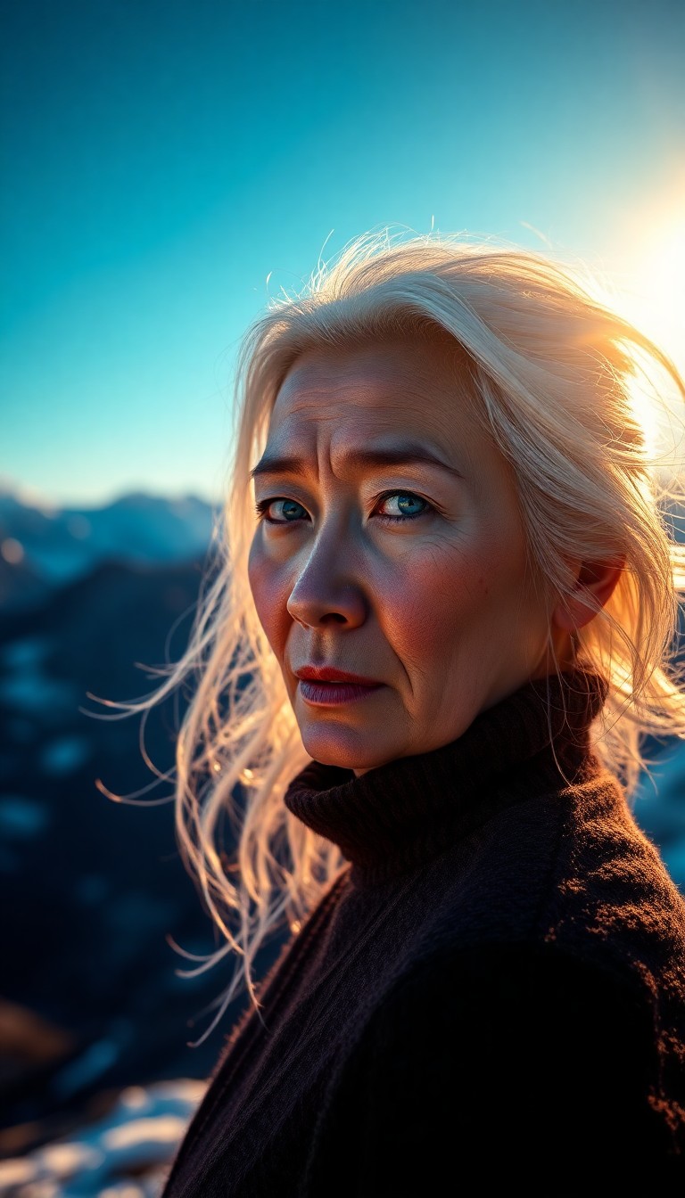 AI generated art for prompt: Create a portrait photograph of a stoic East Asian woman in her 50s. She has piercing blue eyes and 