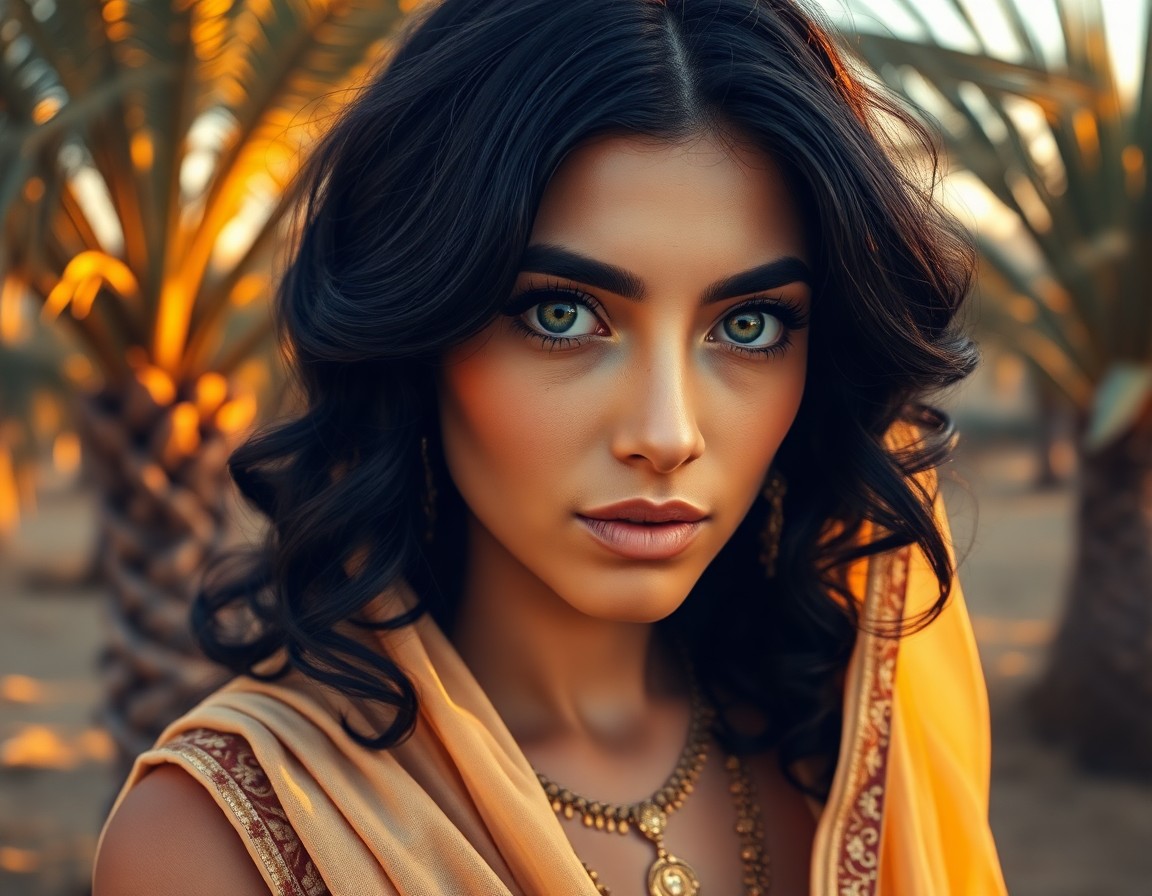 AI generated art for prompt: Create a hyperrealistic portrait of a captivating Middle Eastern woman with mesmerizing green eyes, 