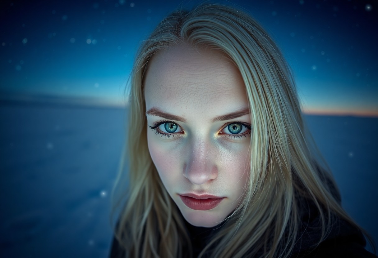 AI generated art for prompt: A portrait photograph captures the enigmatic essence of a Nordic woman with piercing green eyes and 