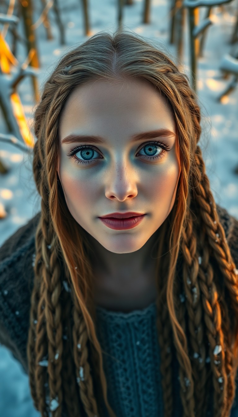 AI generated art for prompt: Create an enigmatic portrait of a Slavic woman with piercing blue eyes and intricately braided golde