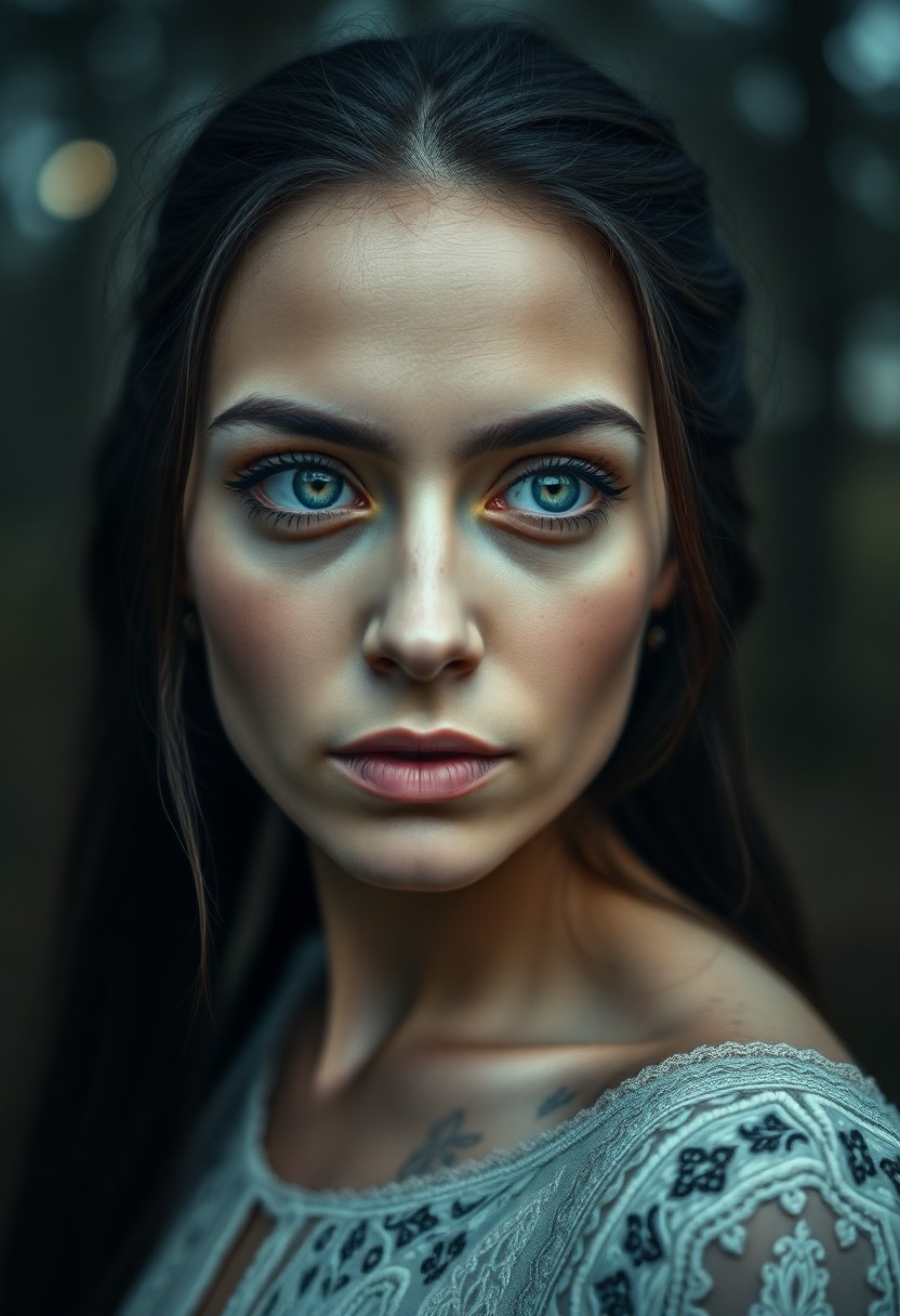 AI generated art for prompt: A portrait photograph captures an enigmatic Middle Eastern woman with piercing green eyes and ethere