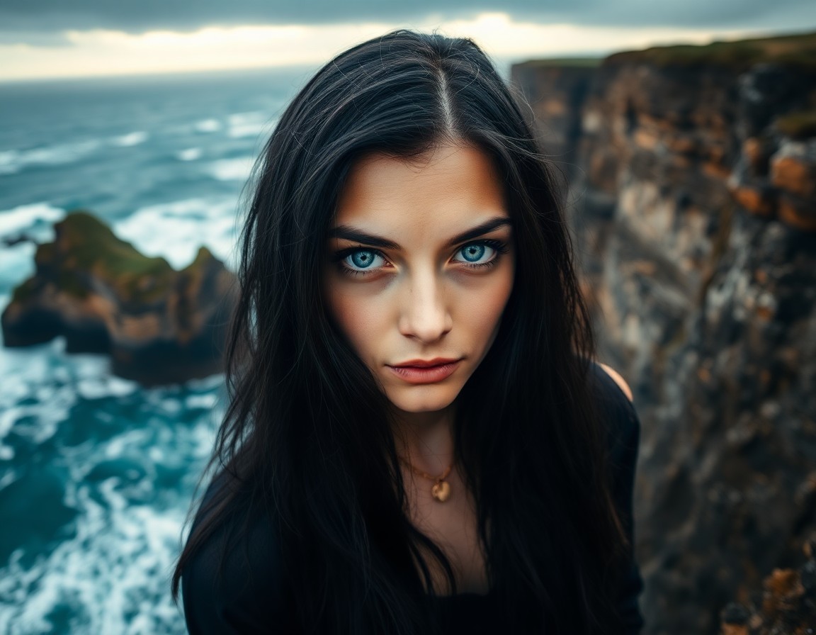 AI generated art for prompt: A portrait photograph captures the enigmatic expression of a European woman with piercing ice-blue e